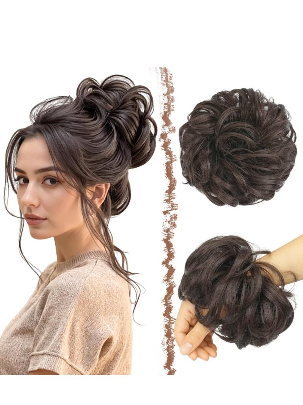 Messy Bun Hair Piece Wavy Curly Scrunchies Synthetic Dark Brown Bun Hairpiece